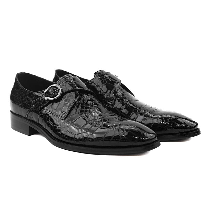 Patent Leather Perforated Single Monk Strap Black